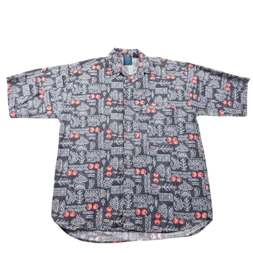 Vintage 90s Aloha Shirt Mens Medium Geometric Neon‎ Print 90s Hawaiian Button Up